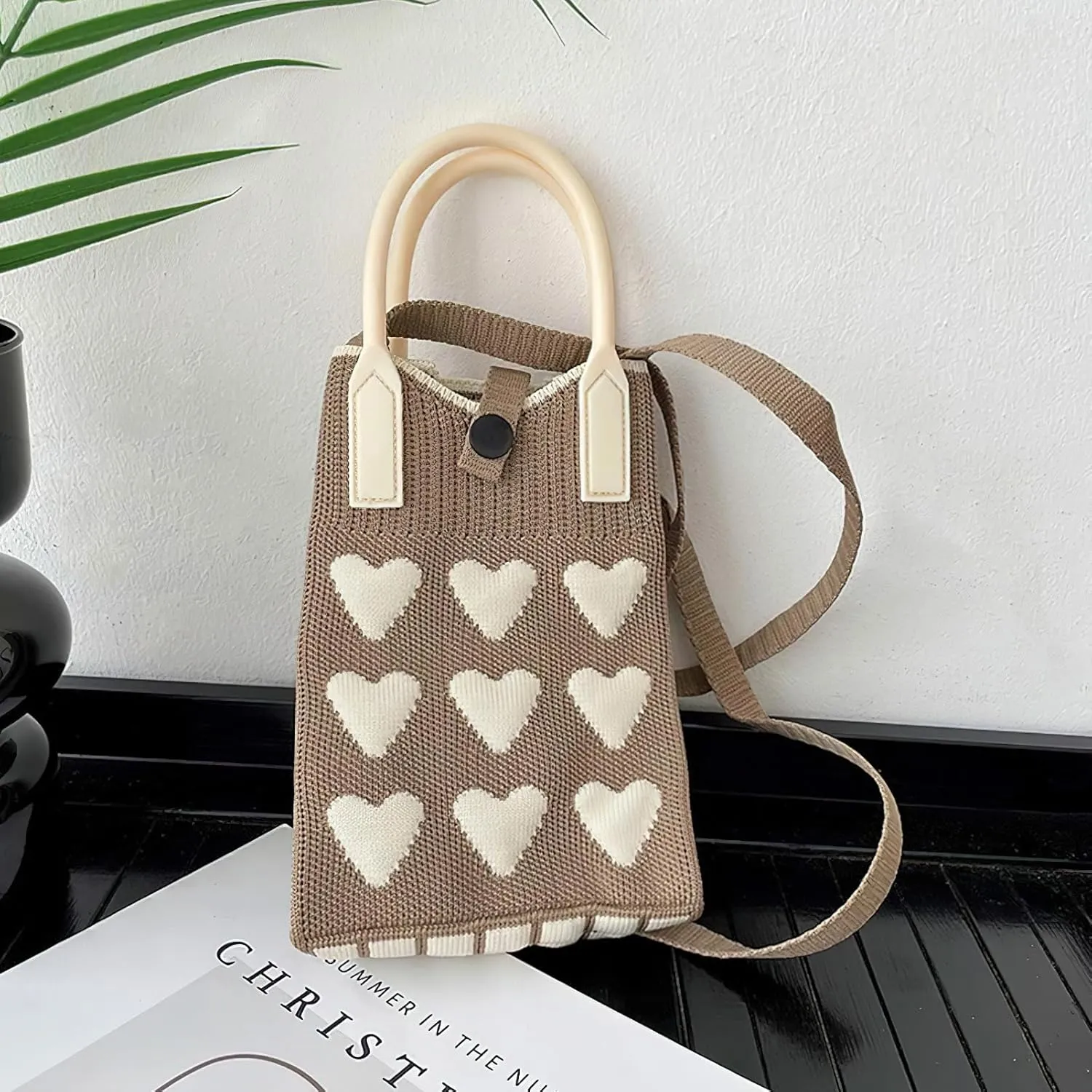 Cell Phone Crossbody Bag for Women with Heart Pattern Little Crochet Pouch Tote Handbag with Buckle