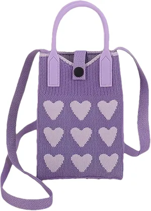 Cell Phone Crossbody Bag for Women with Heart Pattern Little Crochet Pouch Tote Handbag with Buckle