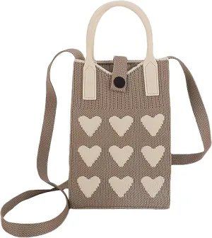 Cell Phone Crossbody Bag for Women with Heart Pattern Little Crochet Pouch Tote Handbag with Buckle