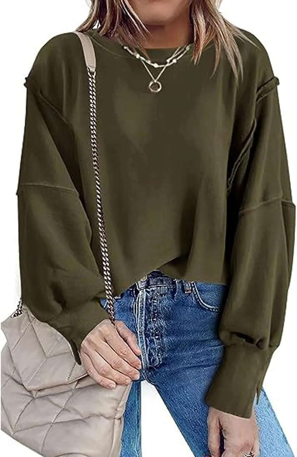 CHARTOU Women Oversized Crewneck Sweatshirt Ripped Distressed Hoodie Lightweight Tunic Shirts Sweatshirt