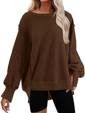 CHARTOU Women Oversized Crewneck Sweatshirt Ripped Distressed Hoodie Lightweight Tunic Shirts Sweatshirt