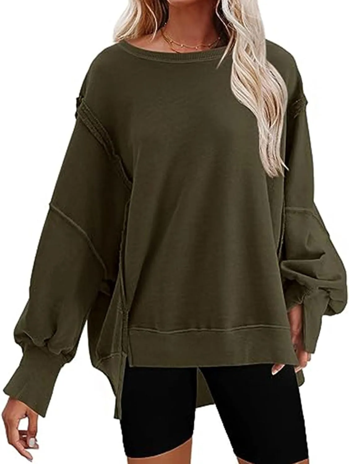 CHARTOU Women Oversized Crewneck Sweatshirt Ripped Distressed Hoodie Lightweight Tunic Shirts Sweatshirt