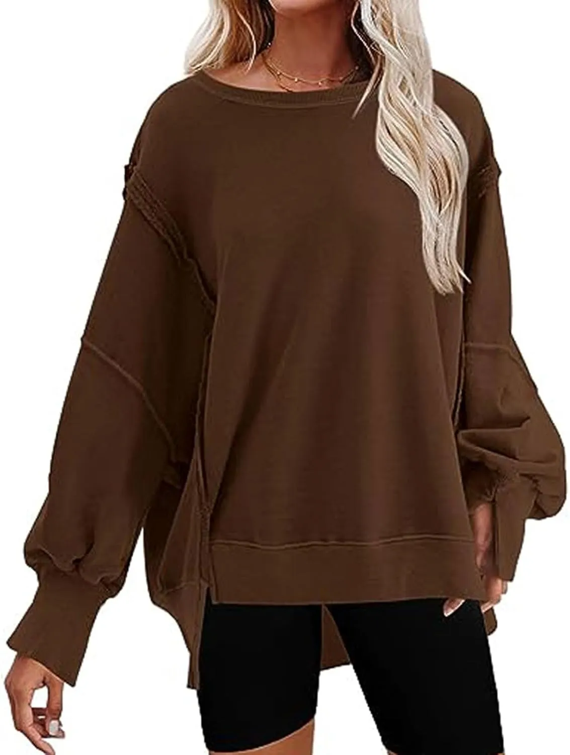 CHARTOU Women Oversized Crewneck Sweatshirt Ripped Distressed Hoodie Lightweight Tunic Shirts Sweatshirt