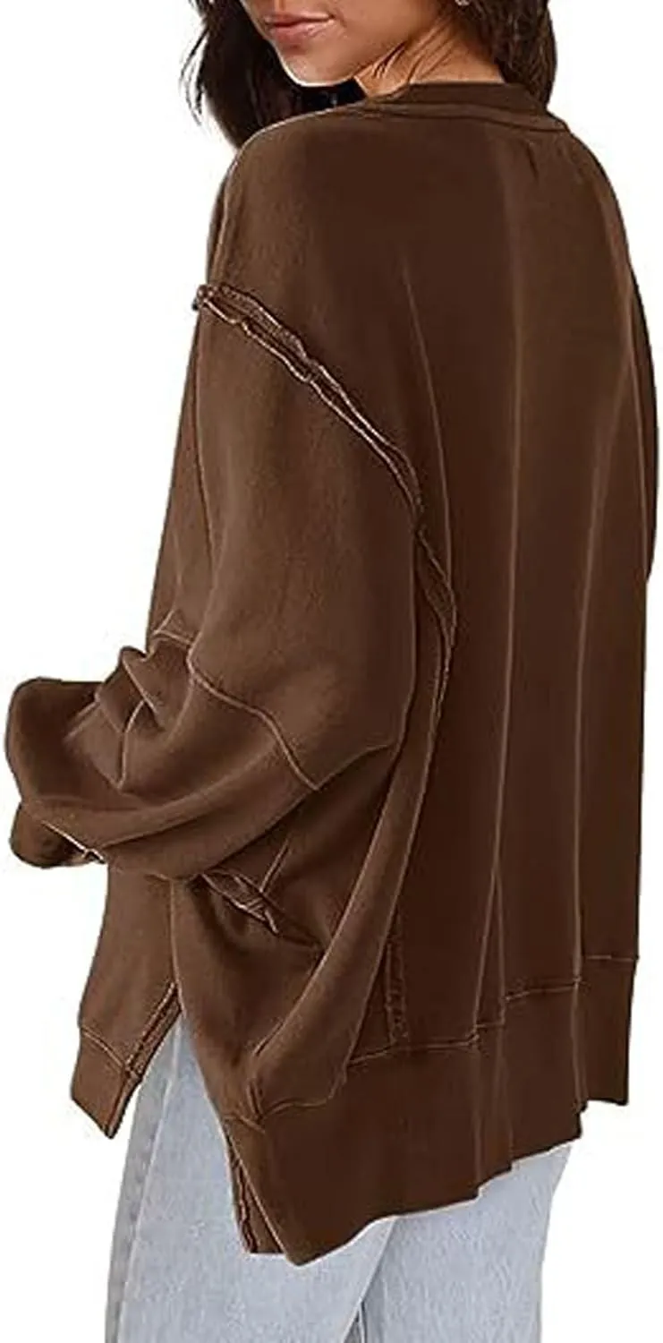 CHARTOU Women Oversized Crewneck Sweatshirt Ripped Distressed Hoodie Lightweight Tunic Shirts Sweatshirt