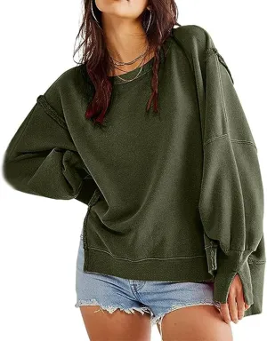 CHARTOU Women Oversized Crewneck Sweatshirt Ripped Distressed Hoodie Lightweight Tunic Shirts Sweatshirt