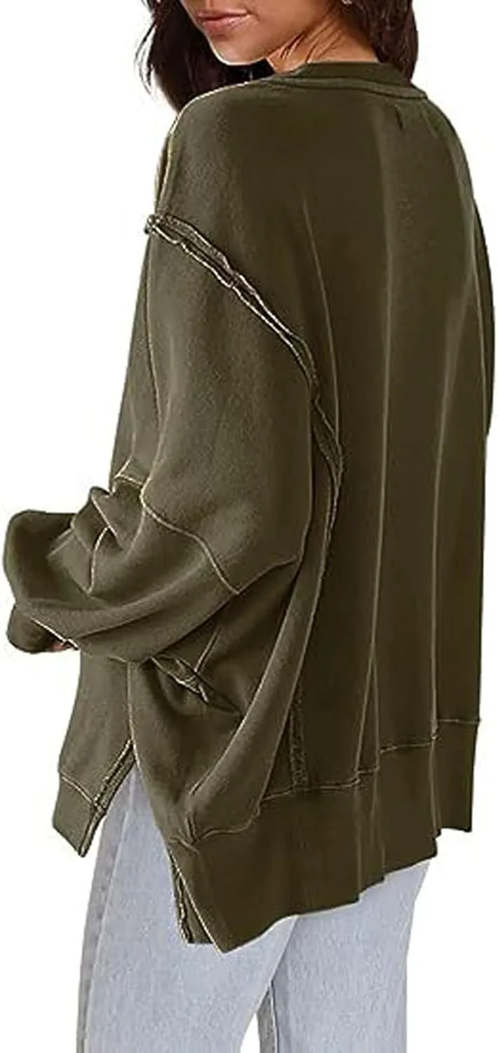 CHARTOU Women Oversized Crewneck Sweatshirt Ripped Distressed Hoodie Lightweight Tunic Shirts Sweatshirt