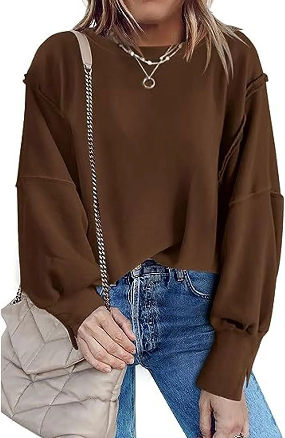 CHARTOU Women Oversized Crewneck Sweatshirt Ripped Distressed Hoodie Lightweight Tunic Shirts Sweatshirt