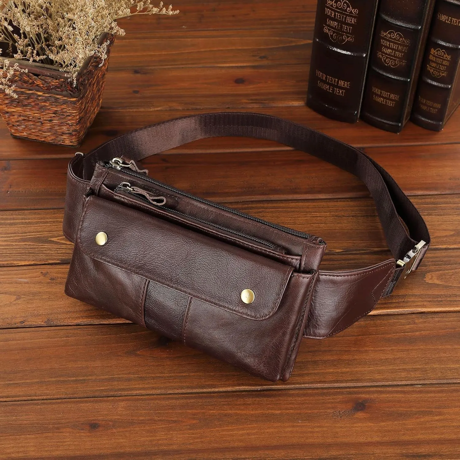 Chest Bag Mens Leather Waist Bag, Large Capacity Leather Satchel Bag, Retro Fashion Multilayer Mens Bag, Mobile Phone Bag