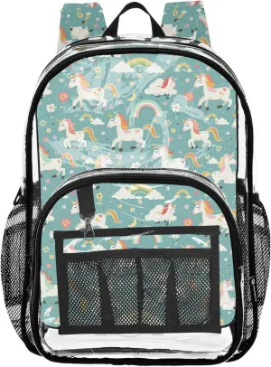 CHIFIGNO Cartoon Unicorns Rainbows Flowers Green School Backpacks for Girls, Clear Plastic Bag, Clear Bags