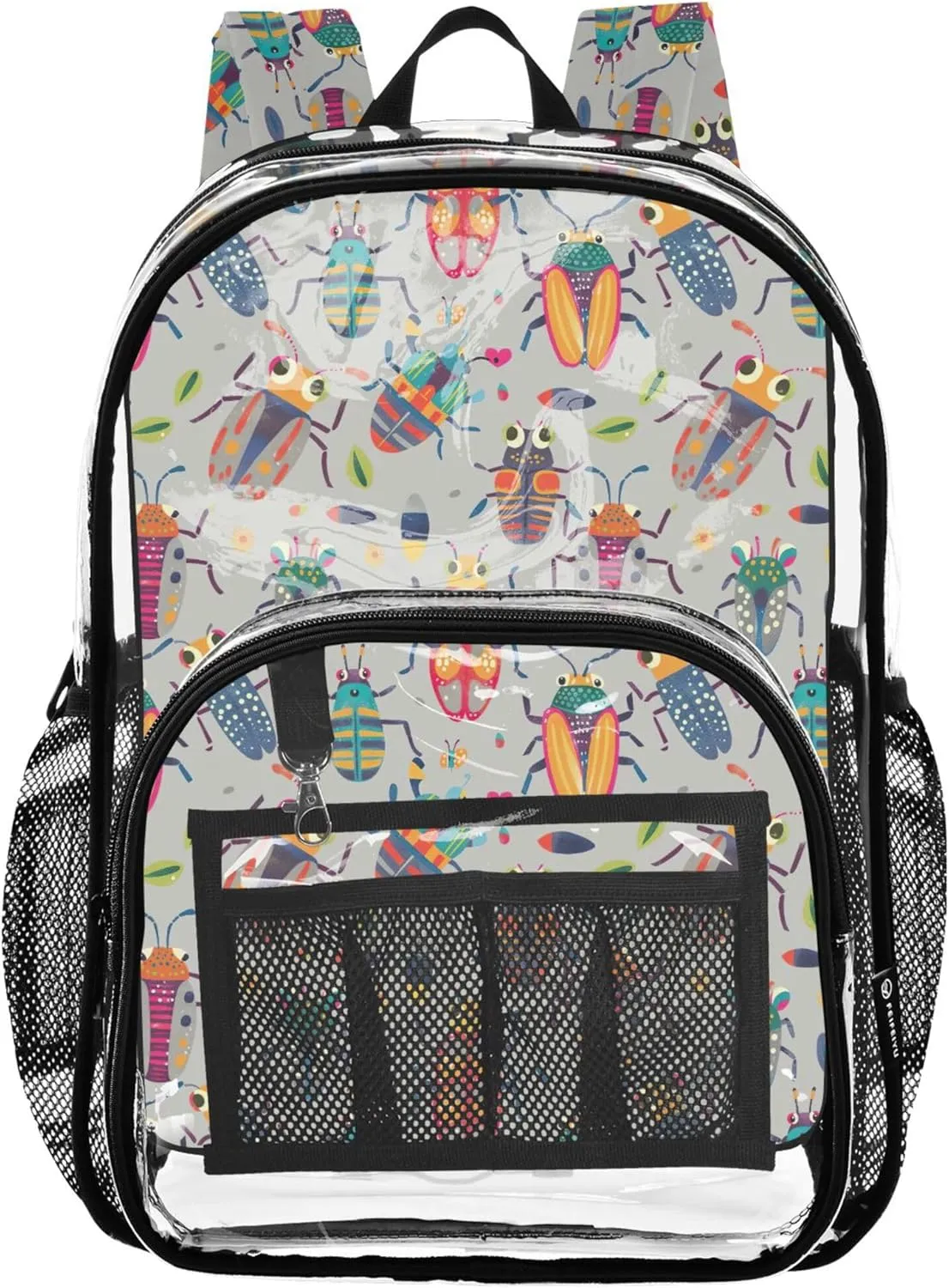 CHIFIGNO Cute Beetle Grey Backpack School, Clear Plastic Bag, See through Bag, Clear Bookbag