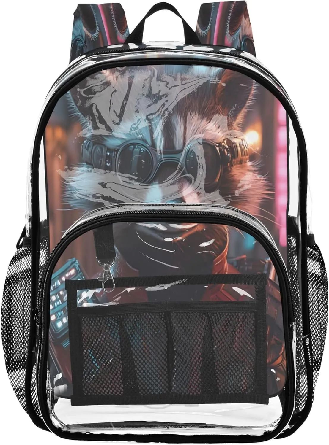 CHIFIGNO Cyber Raccoon Nightscape Black School Bags, Clear Plastic Bag, Backpack Bag, Transparent Backpack
