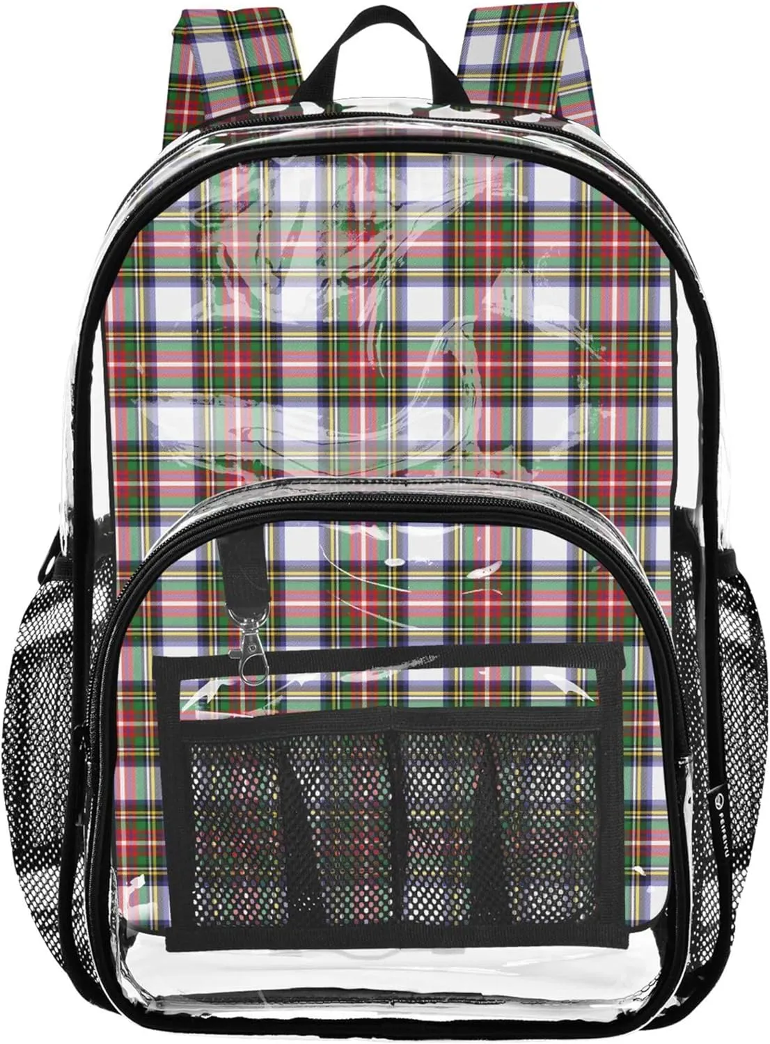 CHIFIGNO Plaid Red Green Boys Backpack, Clear Plastic Bag, Kid Backpack, Clear Backpacks
