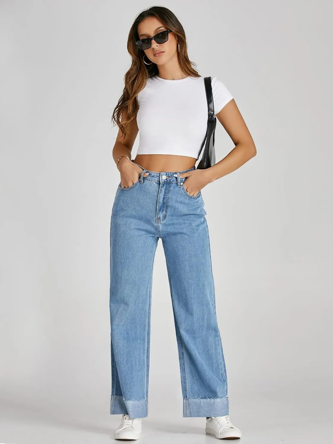 Cicy Bell Womens High Waisted Boyfriend Jeans Cuffed Raw Straight Leg Baggy Denim Pants with Pockets