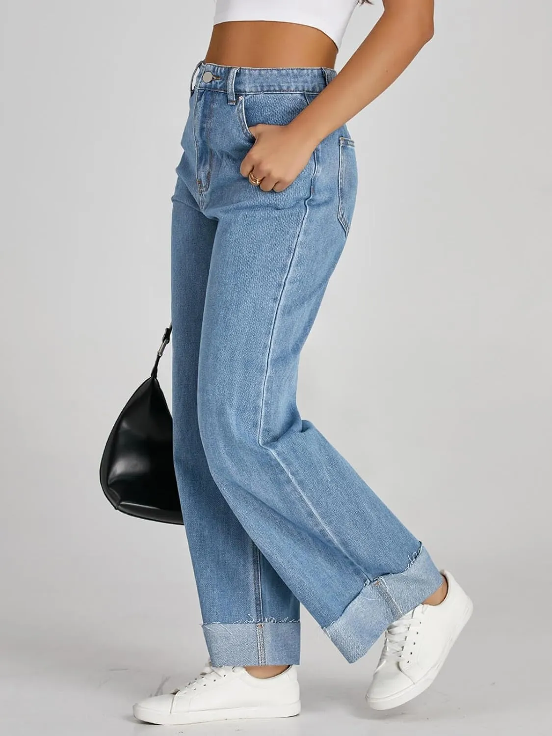 Cicy Bell Womens High Waisted Boyfriend Jeans Cuffed Raw Straight Leg Baggy Denim Pants with Pockets