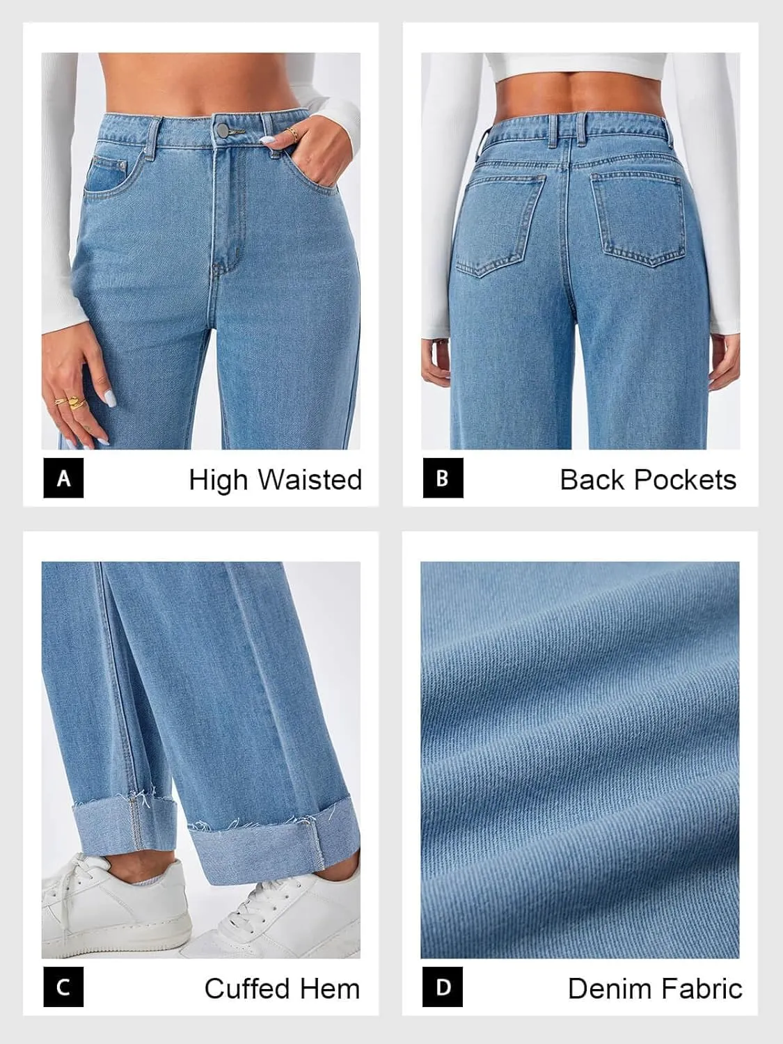 Cicy Bell Womens High Waisted Boyfriend Jeans Cuffed Raw Straight Leg Baggy Denim Pants with Pockets
