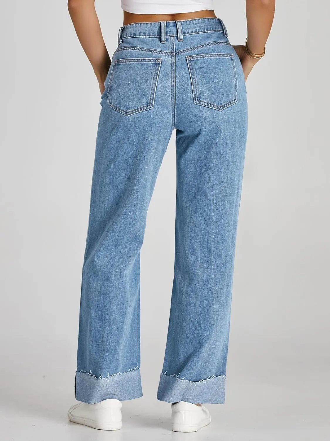 Cicy Bell Womens High Waisted Boyfriend Jeans Cuffed Raw Straight Leg Baggy Denim Pants with Pockets