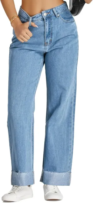 Cicy Bell Womens High Waisted Boyfriend Jeans Cuffed Raw Straight Leg Baggy Denim Pants with Pockets