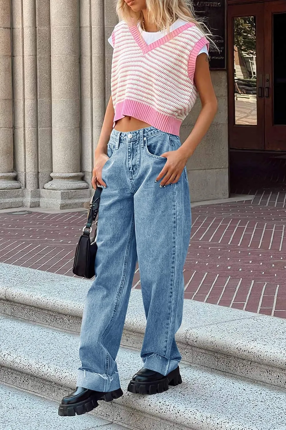 Cicy Bell Womens High Waisted Boyfriend Jeans Cuffed Raw Straight Leg Baggy Denim Pants with Pockets