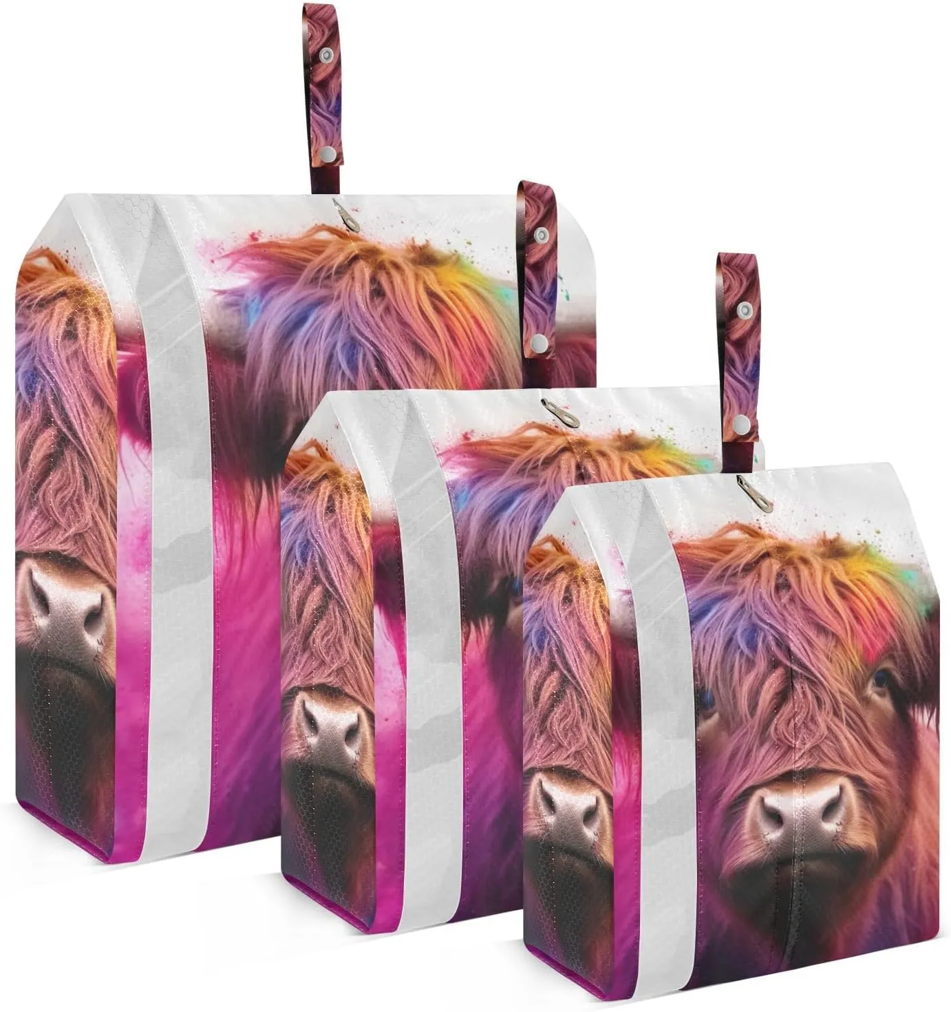 Colorful Highland Cow Packing Cubes Set of 3, Lightweight Travel Luggage Organizers Foldable Bags for Easy Packing and Organization