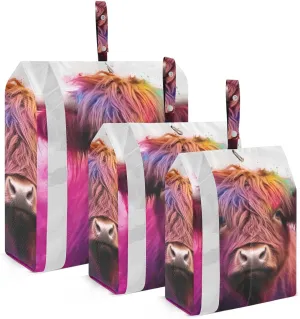 Colorful Highland Cow Packing Cubes Set of 3, Lightweight Travel Luggage Organizers Foldable Bags for Easy Packing and Organization