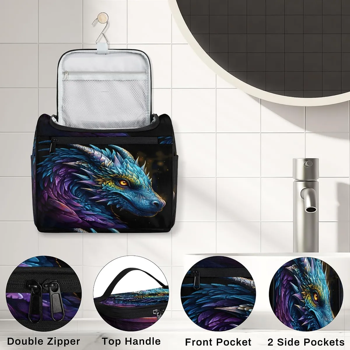 Cool Dragon Travel Toiletry Bag for Men and Women, Large Hanging Makeup Bag Organizer Toiletries Bag for Travel, Cosmetic Bag with Handle