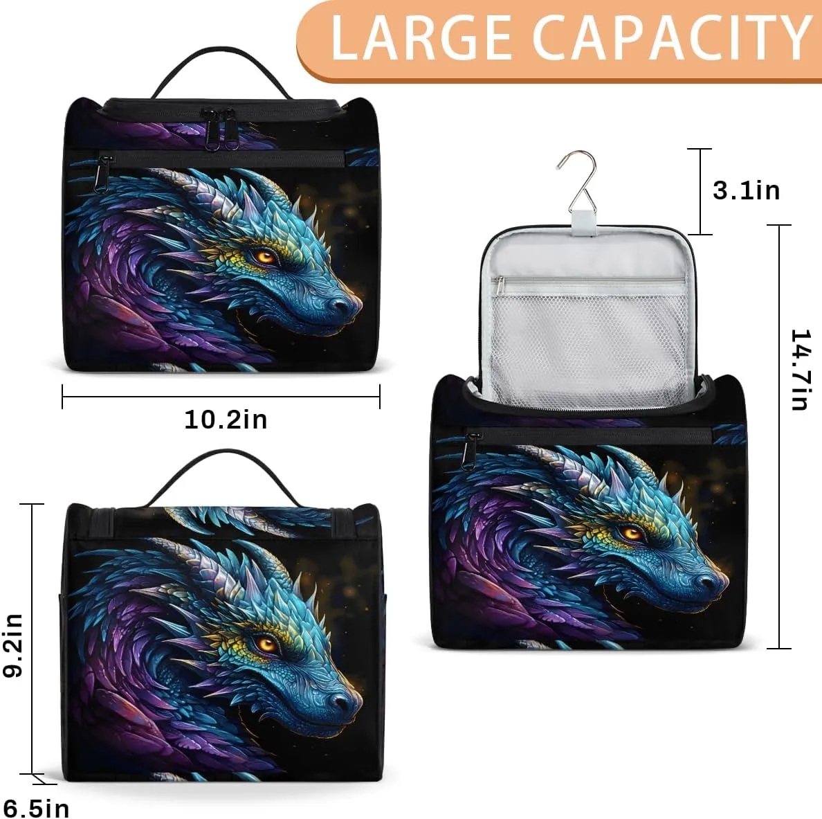 Cool Dragon Travel Toiletry Bag for Men and Women, Large Hanging Makeup Bag Organizer Toiletries Bag for Travel, Cosmetic Bag with Handle