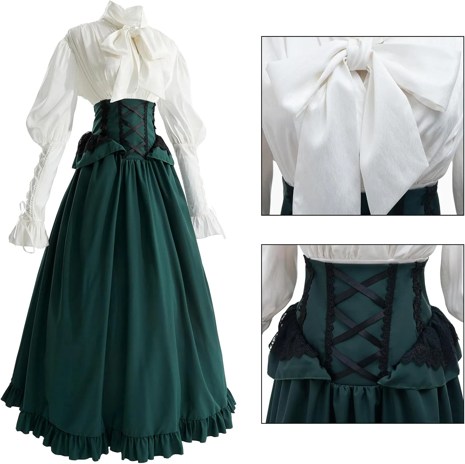CR ROLECOS Victorian Dress Costume Women Medieval Vintage Edwardian Blouse Maxi Skirt Set