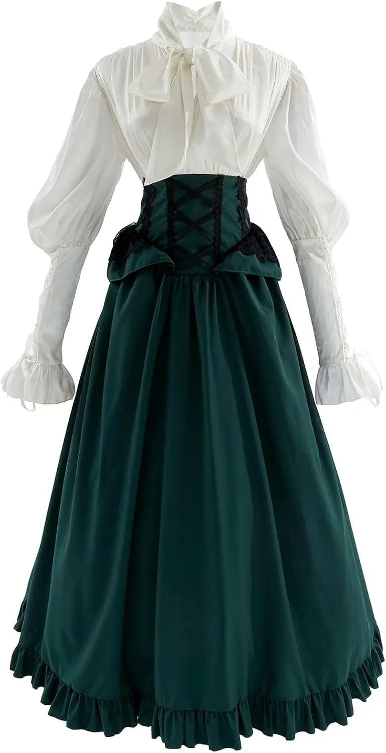 CR ROLECOS Victorian Dress Costume Women Medieval Vintage Edwardian Blouse Maxi Skirt Set