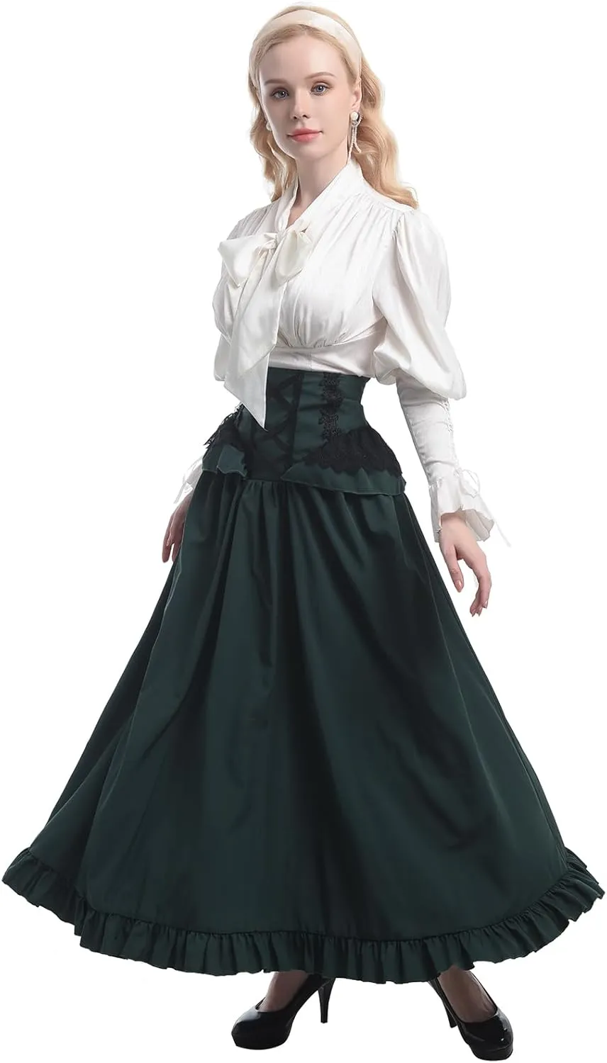 CR ROLECOS Victorian Dress Costume Women Medieval Vintage Edwardian Blouse Maxi Skirt Set