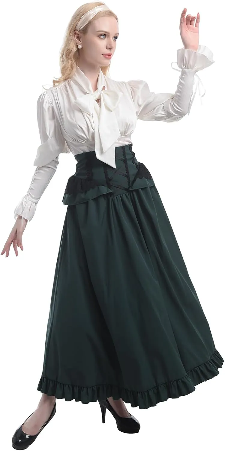 CR ROLECOS Victorian Dress Costume Women Medieval Vintage Edwardian Blouse Maxi Skirt Set