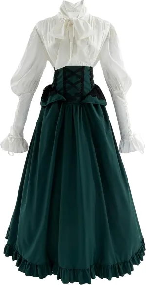 CR ROLECOS Victorian Dress Costume Women Medieval Vintage Edwardian Blouse Maxi Skirt Set