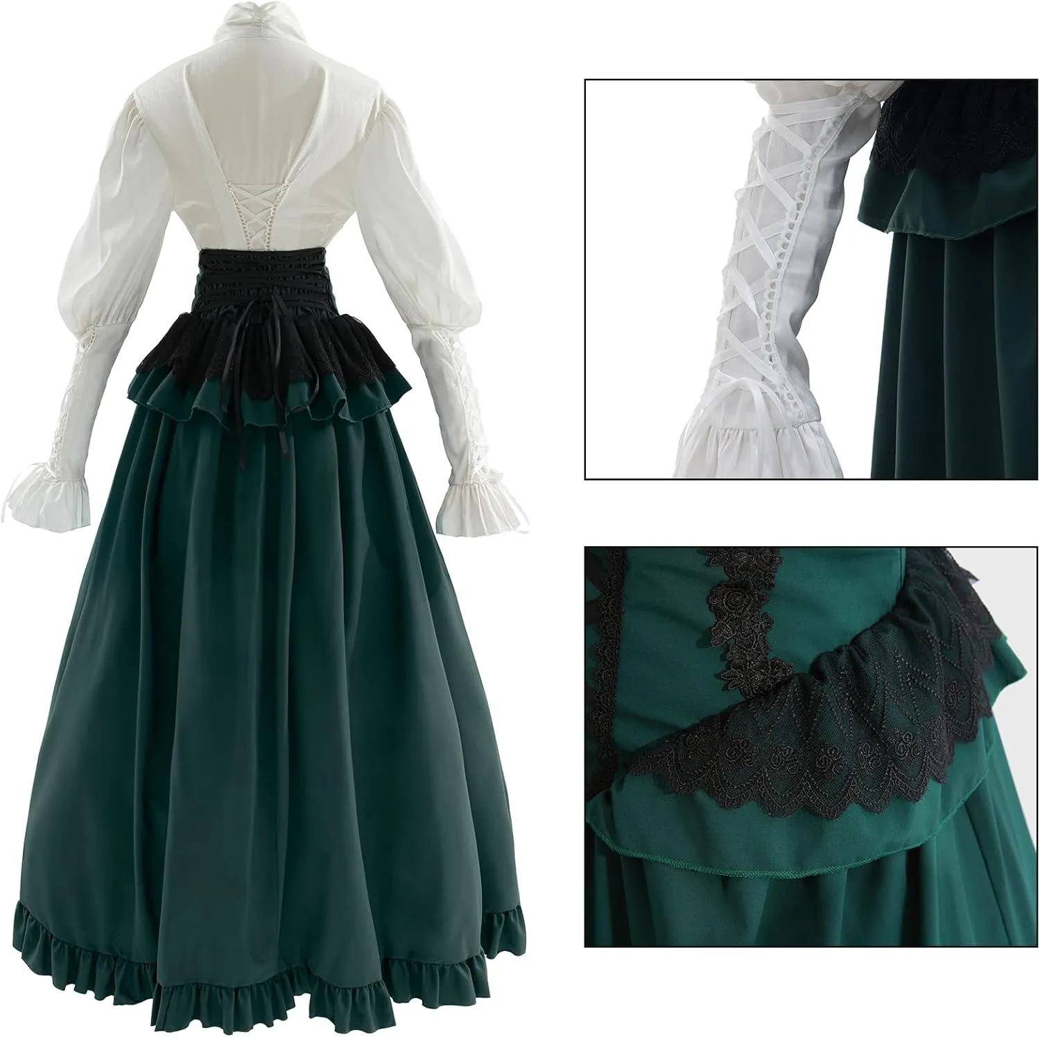 CR ROLECOS Victorian Dress Costume Women Medieval Vintage Edwardian Blouse Maxi Skirt Set