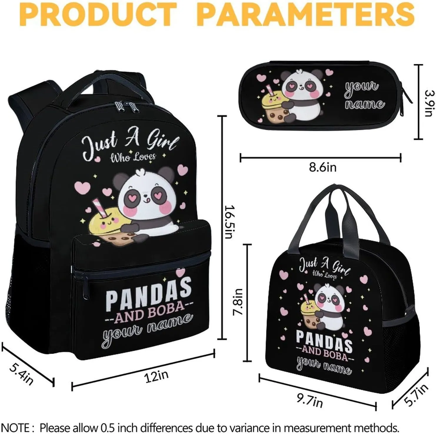 Custom Panda Backpack with Lunch Box, Set of 3 School Backpacks Matching Combo for Girls Boys, Cute Black Bookbag and Pencil Case Bundle