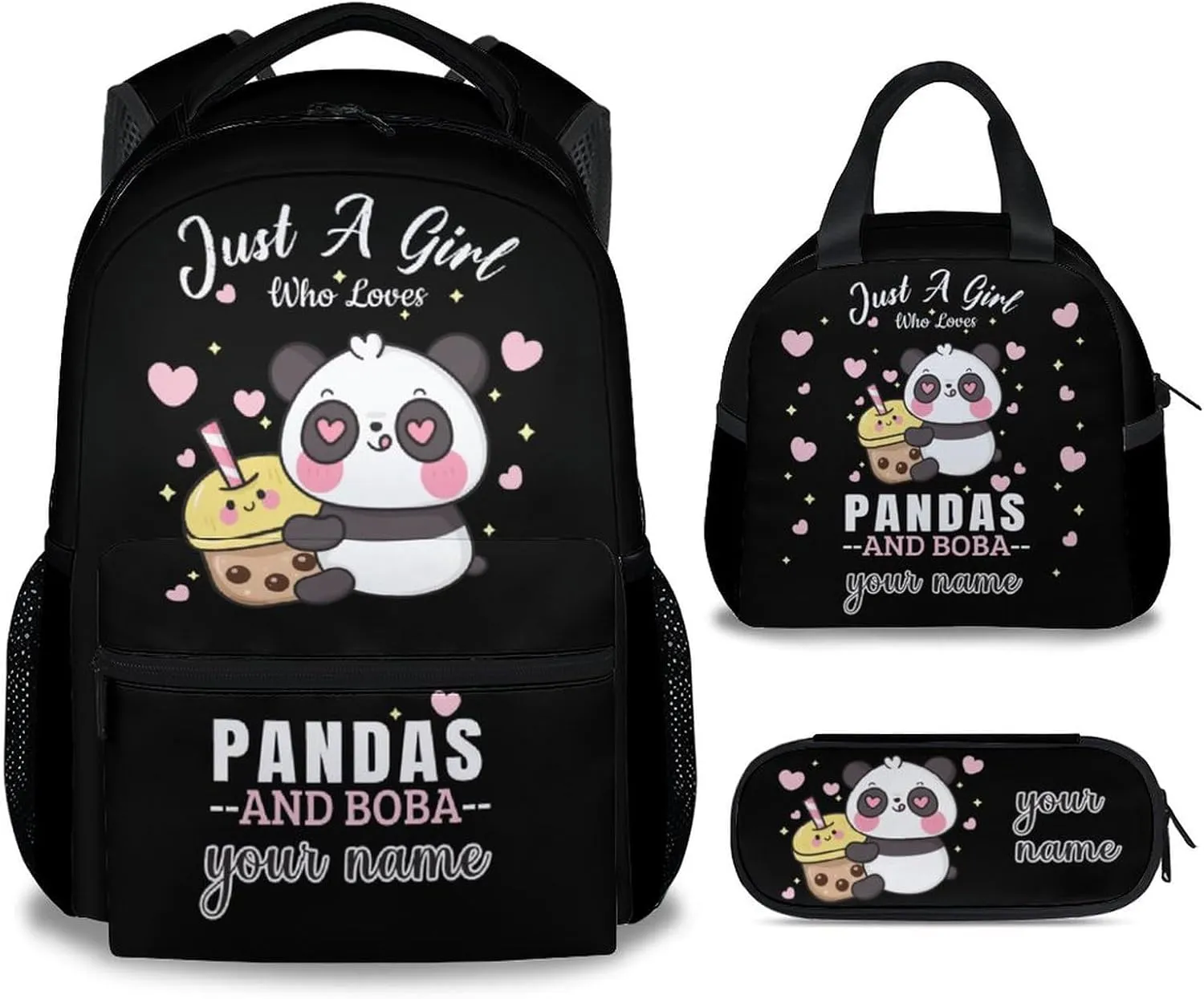 Custom Panda Backpack with Lunch Box, Set of 3 School Backpacks Matching Combo for Girls Boys, Cute Black Bookbag and Pencil Case Bundle