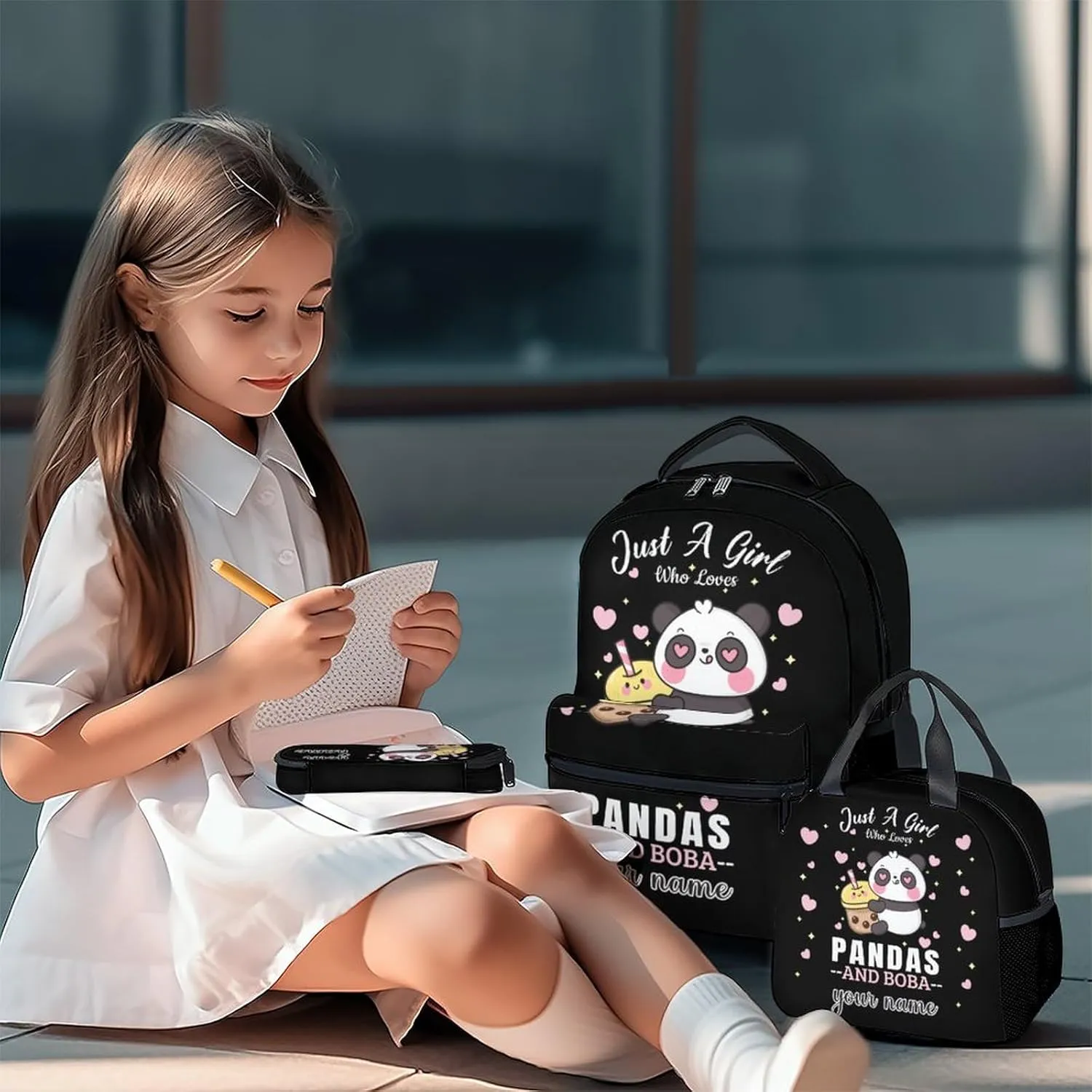 Custom Panda Backpack with Lunch Box, Set of 3 School Backpacks Matching Combo for Girls Boys, Cute Black Bookbag and Pencil Case Bundle