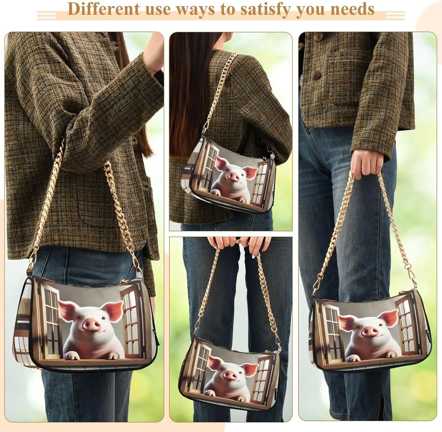 Cute Pig Window Brown Woman Tote Bag Purse, Trendy Bag