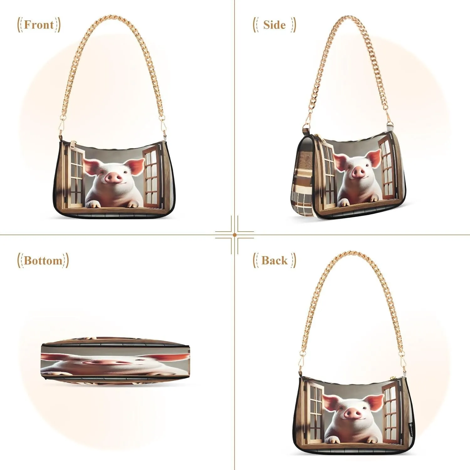 Cute Pig Window Brown Woman Tote Bag Purse, Trendy Bag