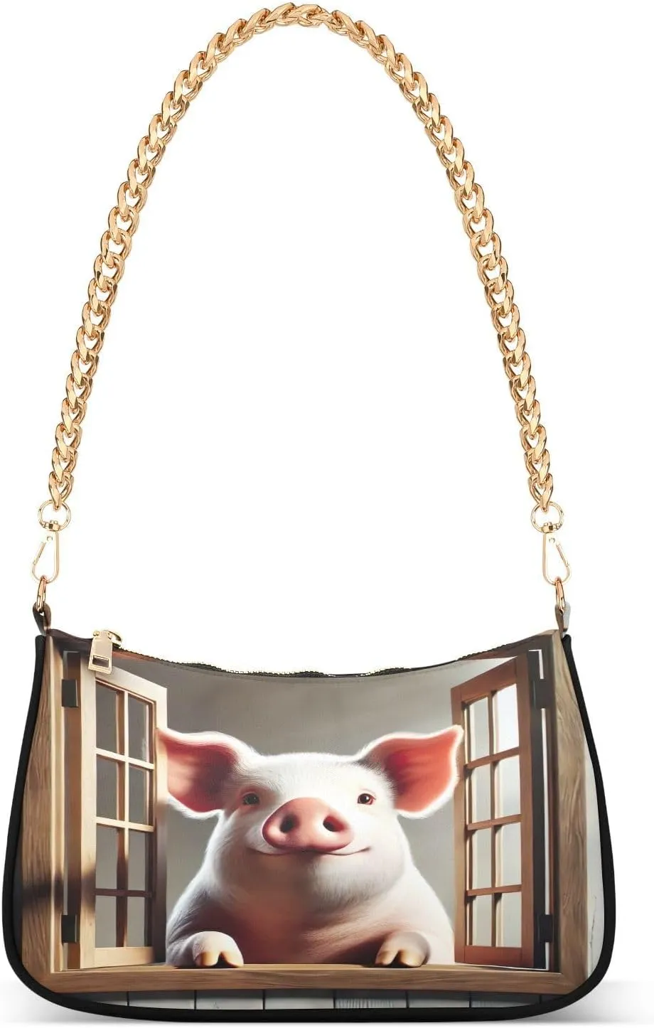 Cute Pig Window Brown Woman Tote Bag Purse, Trendy Bag