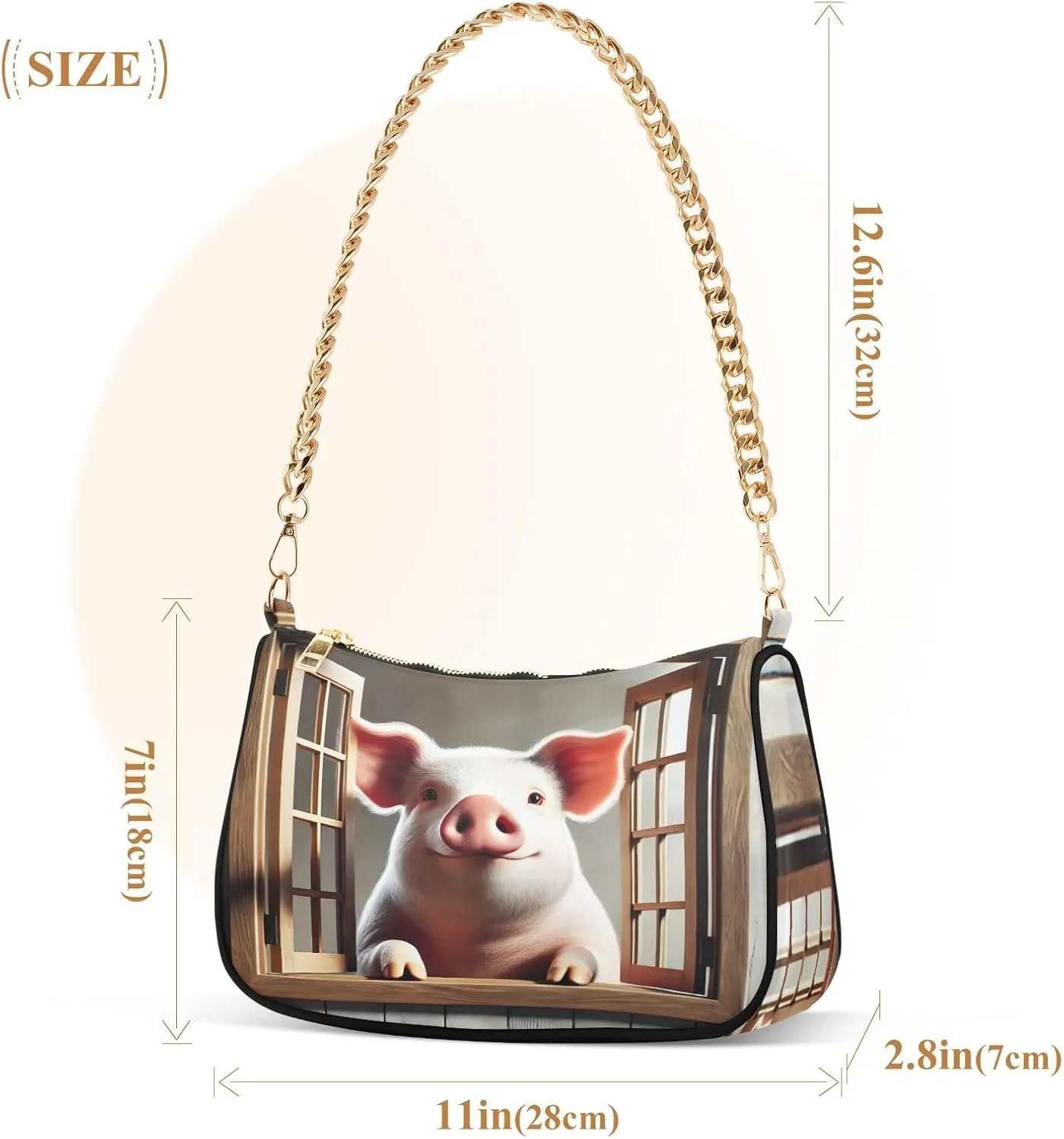 Cute Pig Window Brown Woman Tote Bag Purse, Trendy Bag