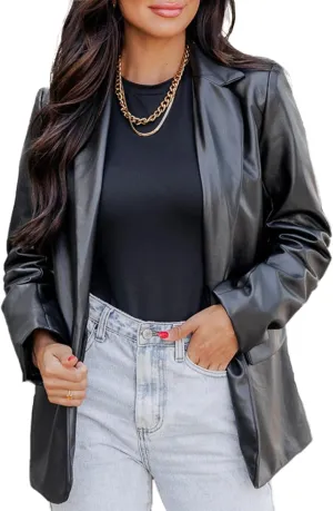 CYCLAMEN 2023 Fall Women's Faux Leather Blazer Jacket Black Vegan Leather Coat for Women Relaxed-fit, Black, M