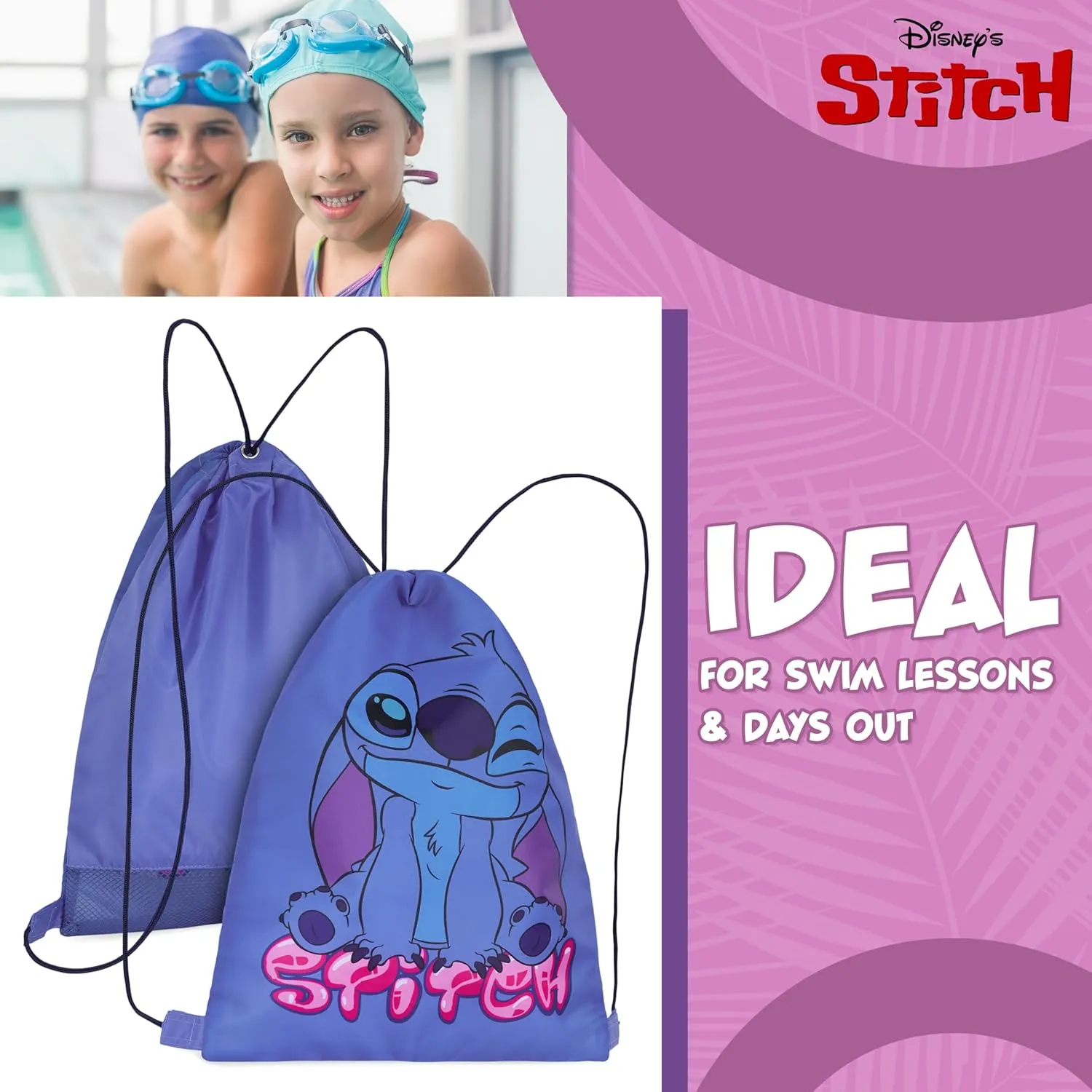 Disney Drawstring Bags, 11 x 14 Swimming Bag with Airflow Vent (Blue Stitch)