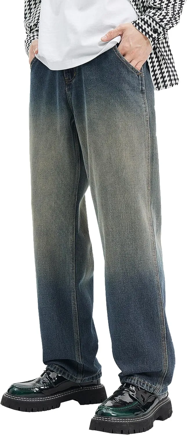 DOSLAVIDA Men's Baggy Jeans Loose Fit Ripped Distressed Jean Relaxed Skateboard Denim Pants with Holes