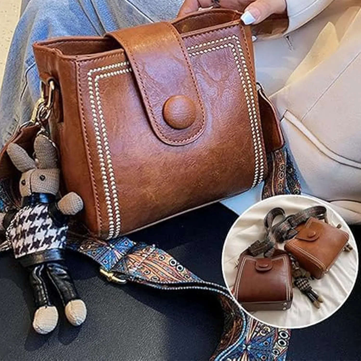 Dragentle Vintage Fashion Bag with Adjustable Wider Shoulder Strap, Bootara Bucket Bag, lovely Doll Pendants