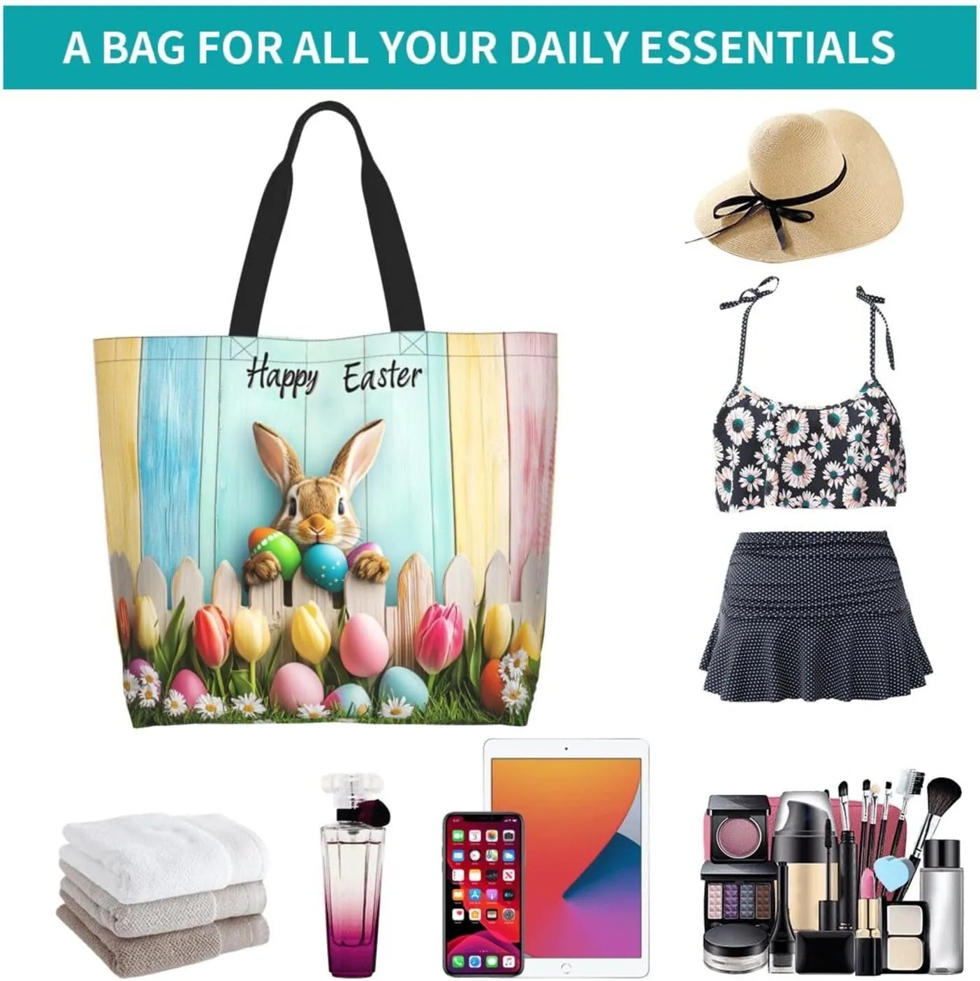 Easter Eggs Tote Bag For Women Men, Easter Shoulder Bag Handbag For Beach Travel Gym Grocery Shopping