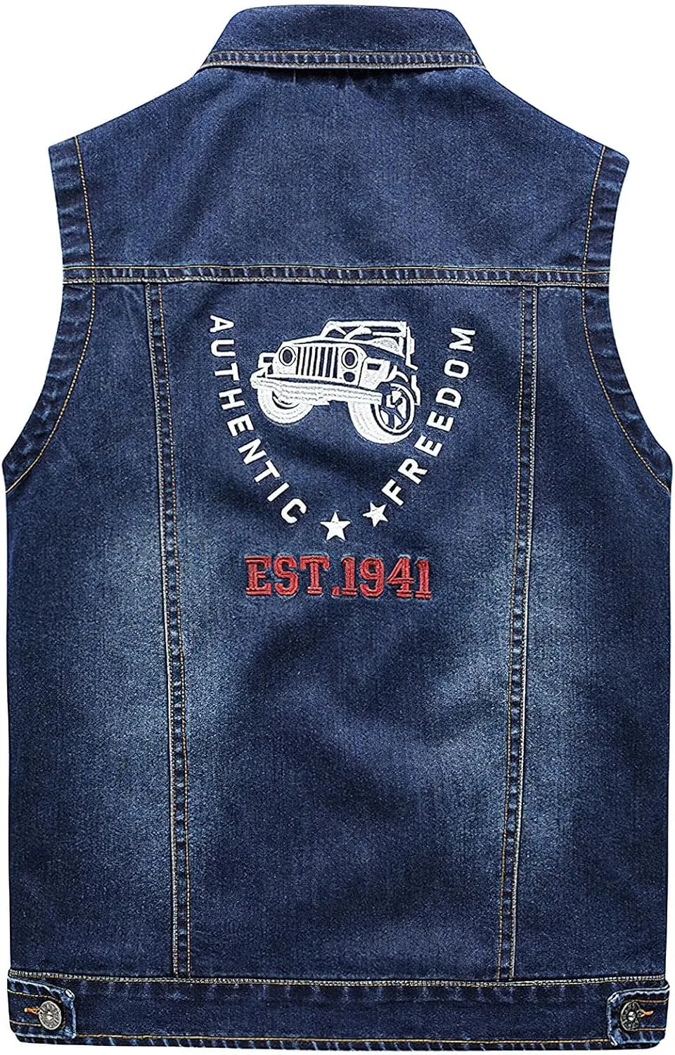 ebossy Men's Multi-Pocket Distressed Denim Vest Relaxed Fit Sleeveless Letter Printed Washed Tucker Jean Jacket