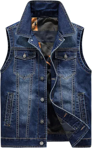 ebossy Men's Multi-Pocket Distressed Denim Vest Relaxed Fit Sleeveless Letter Printed Washed Tucker Jean Jacket