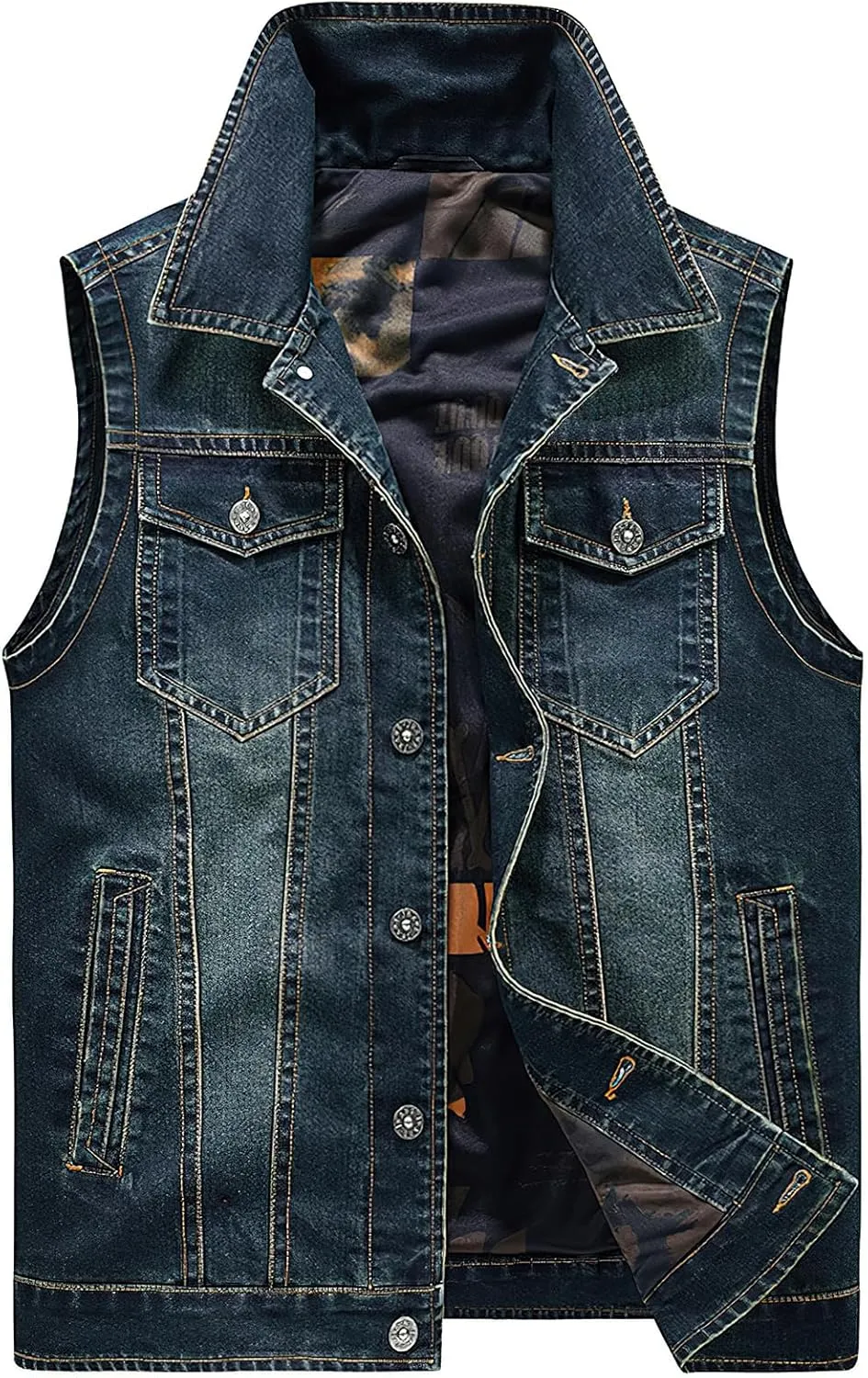 ebossy Men's Multi-Pocket Distressed Denim Vest Relaxed Fit Sleeveless Letter Printed Washed Tucker Jean Jacket