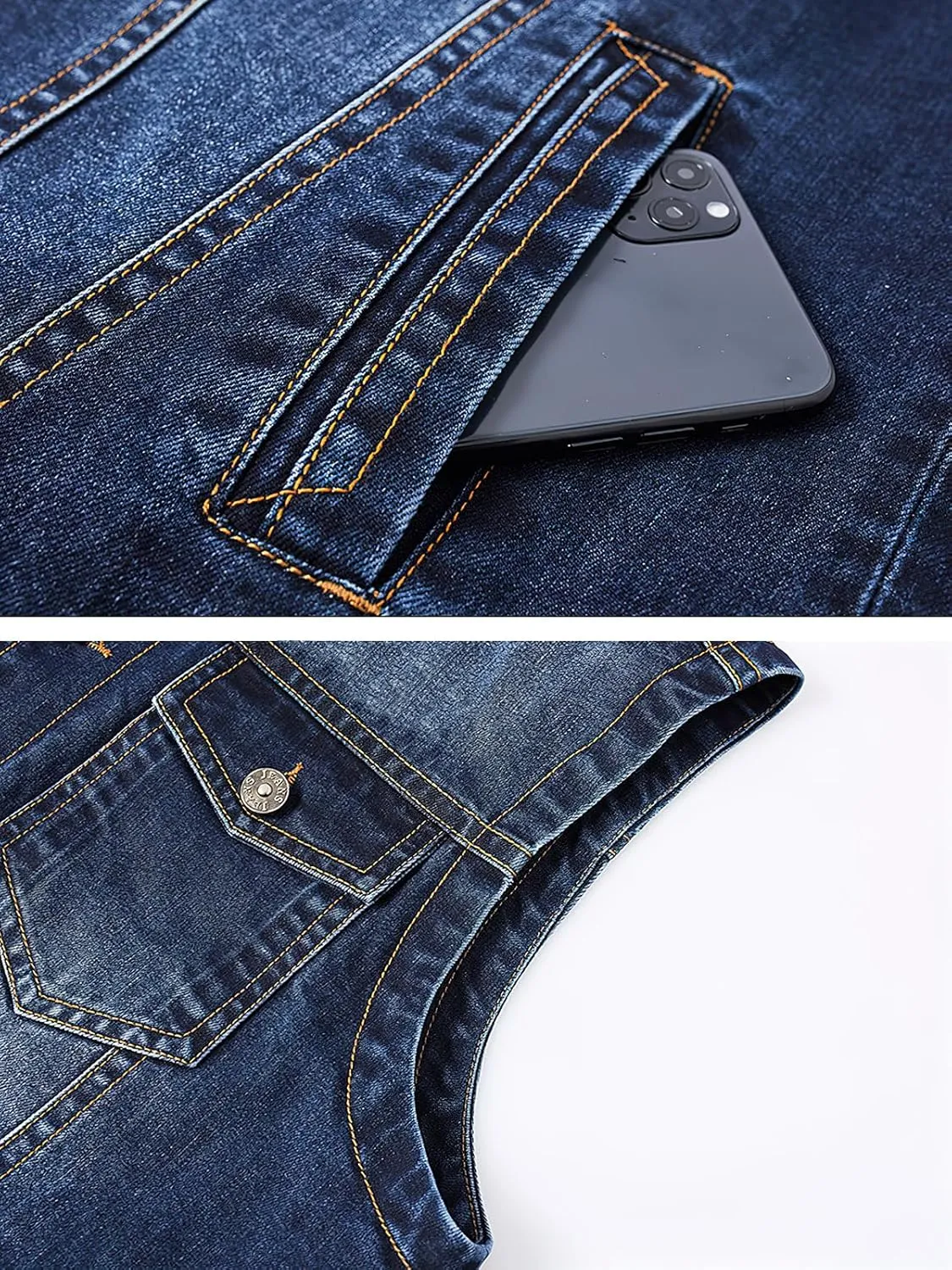 ebossy Men's Multi-Pocket Distressed Denim Vest Relaxed Fit Sleeveless Letter Printed Washed Tucker Jean Jacket