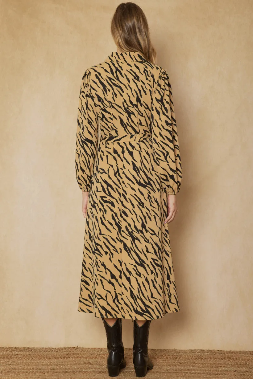 Entro Camel And Black Zebra Print Button Up Maxi Dress With Pockets