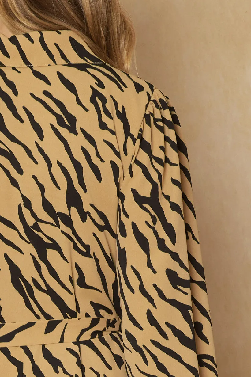 Entro Camel And Black Zebra Print Button Up Maxi Dress With Pockets